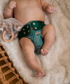 ett litet barn i en korg med en tygblöja