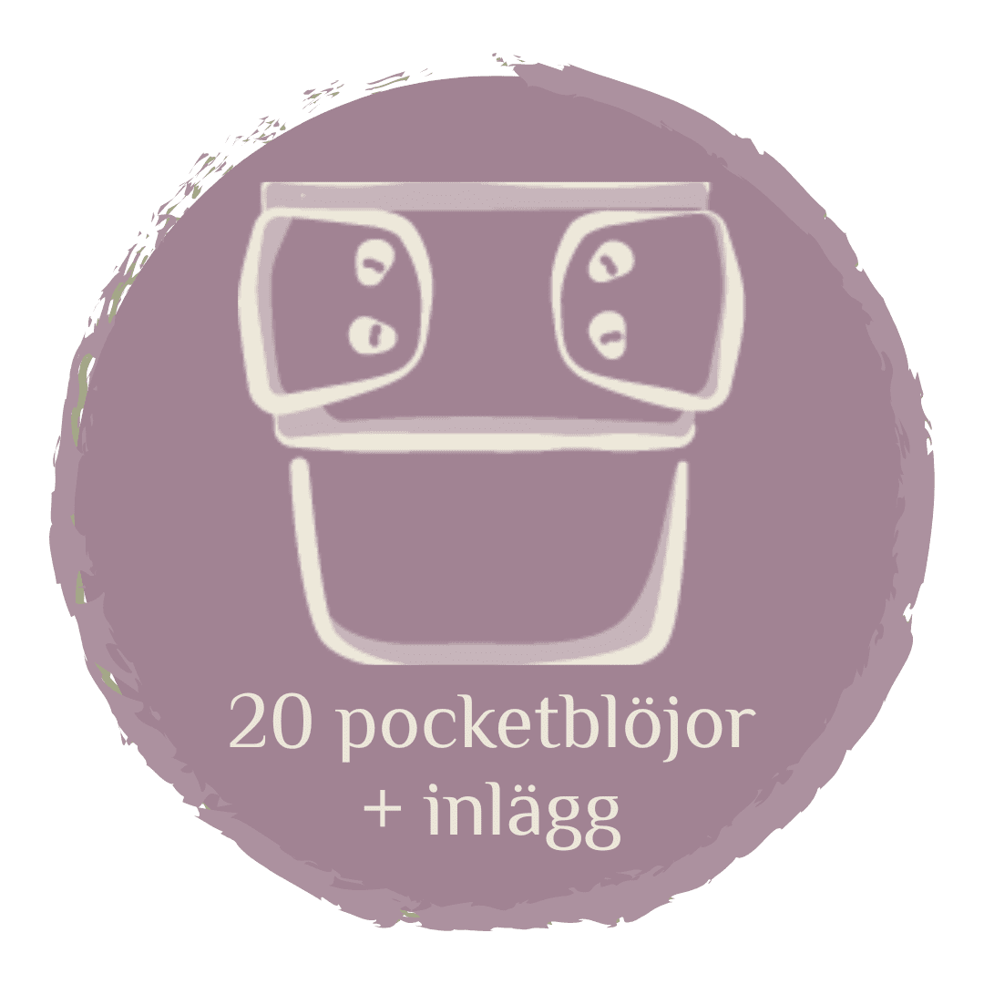 en bild med en pocketblöja och texten 20 pocketblöjor + inlägg