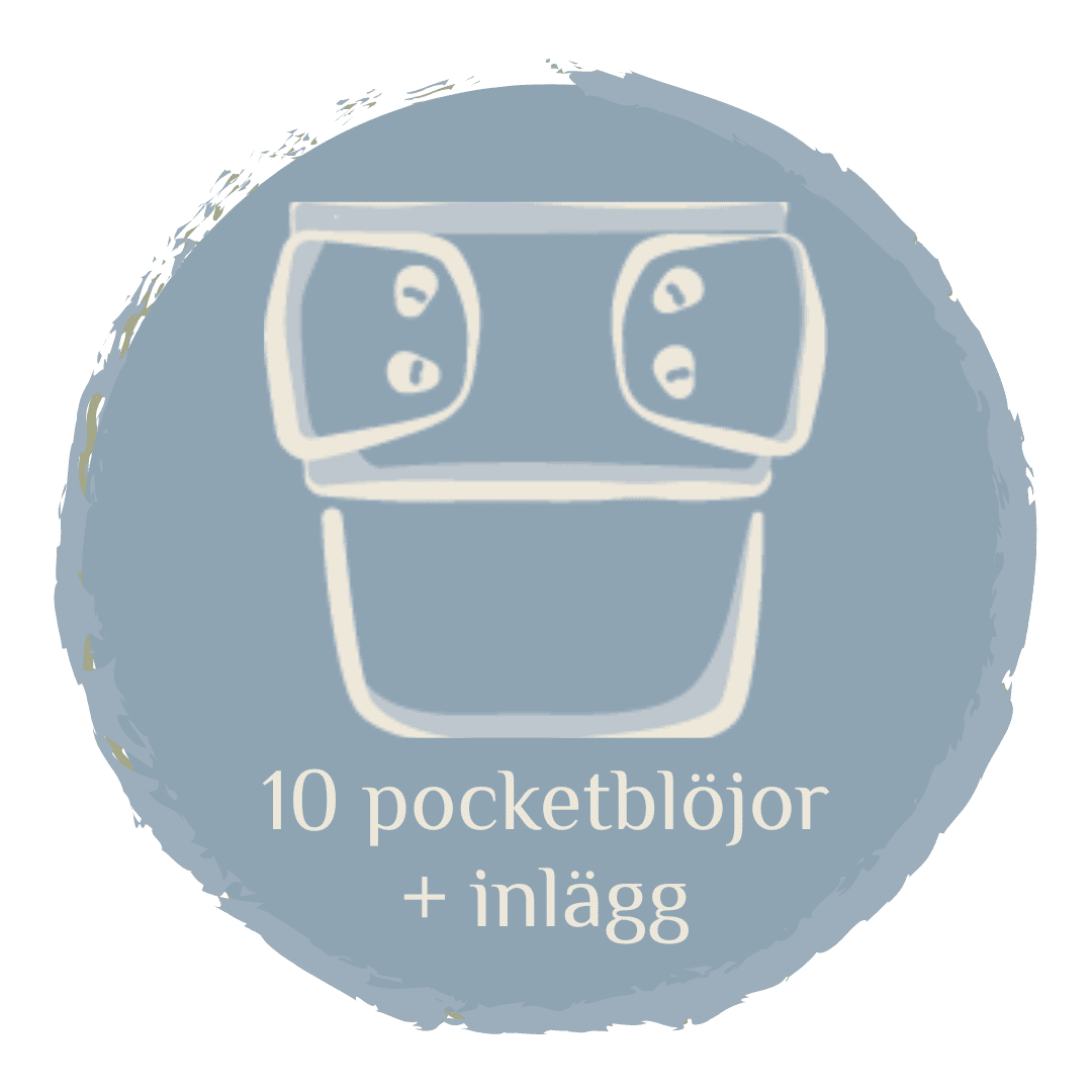 en bild med en blå bakgrund och en tygblöja och texten 10 pocketblöjor + inlägg