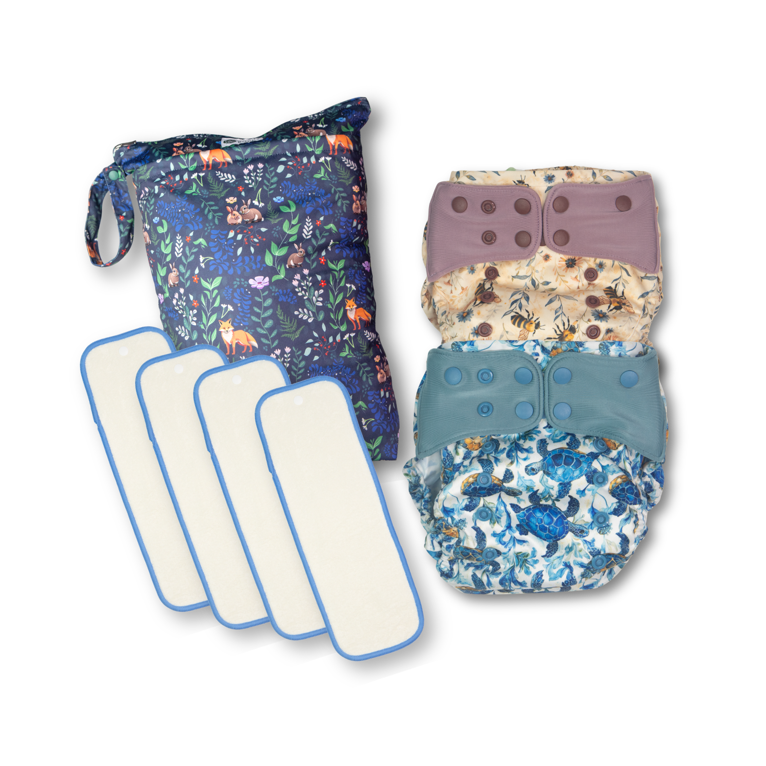 ett startpaket för snap in one med två pul-skal, fyra inlägg i bambufrotte samt en stor pul-påse