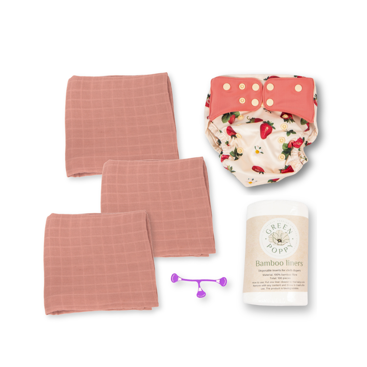 startpaket med vikblöjor som innehåller tre viklböjor, ett pul-skal, en snappa och en rulle bambupapper